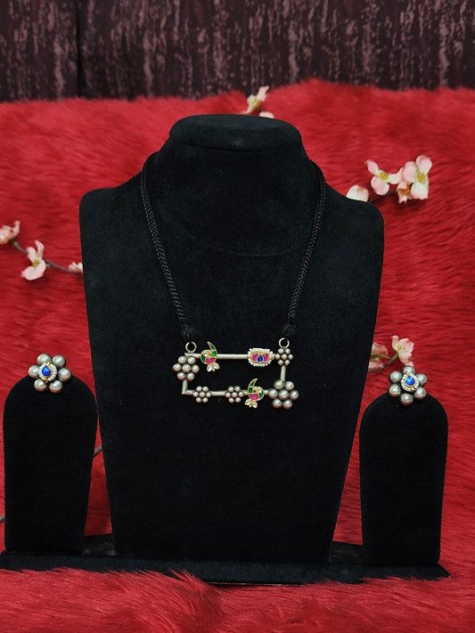 Silver Replica Mangalsutra Set with Floral Beads and Earrings