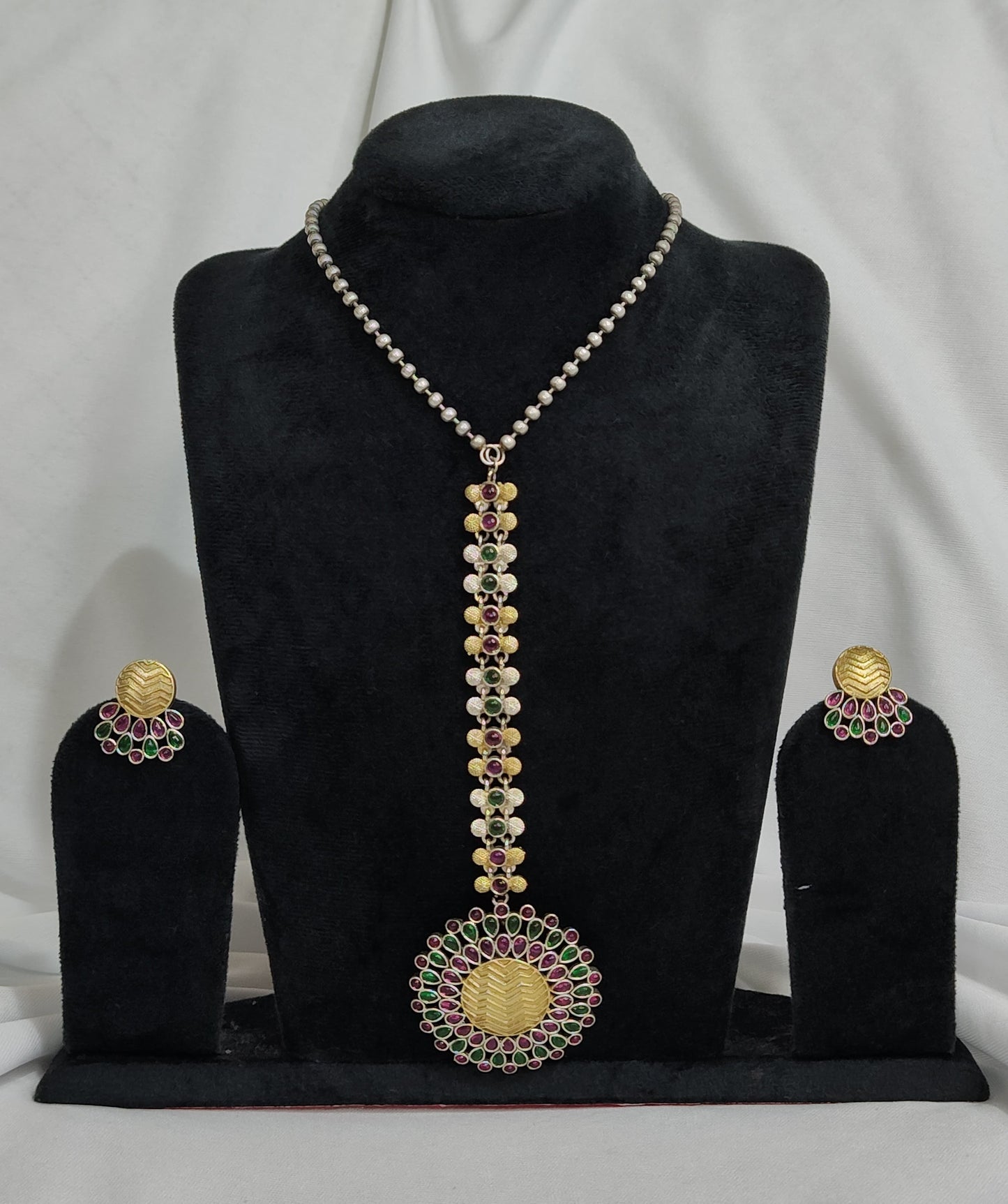 Silver Replica Ruby and Emerald Floral Necklace Set