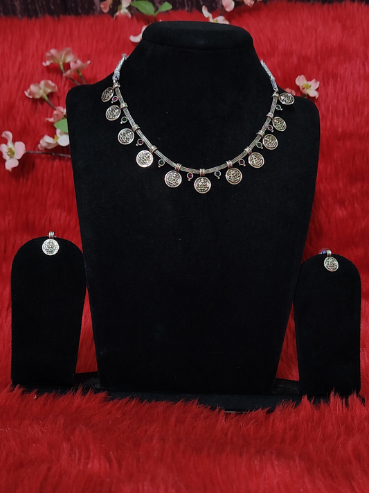 Silver replica coin necklace set with earrings