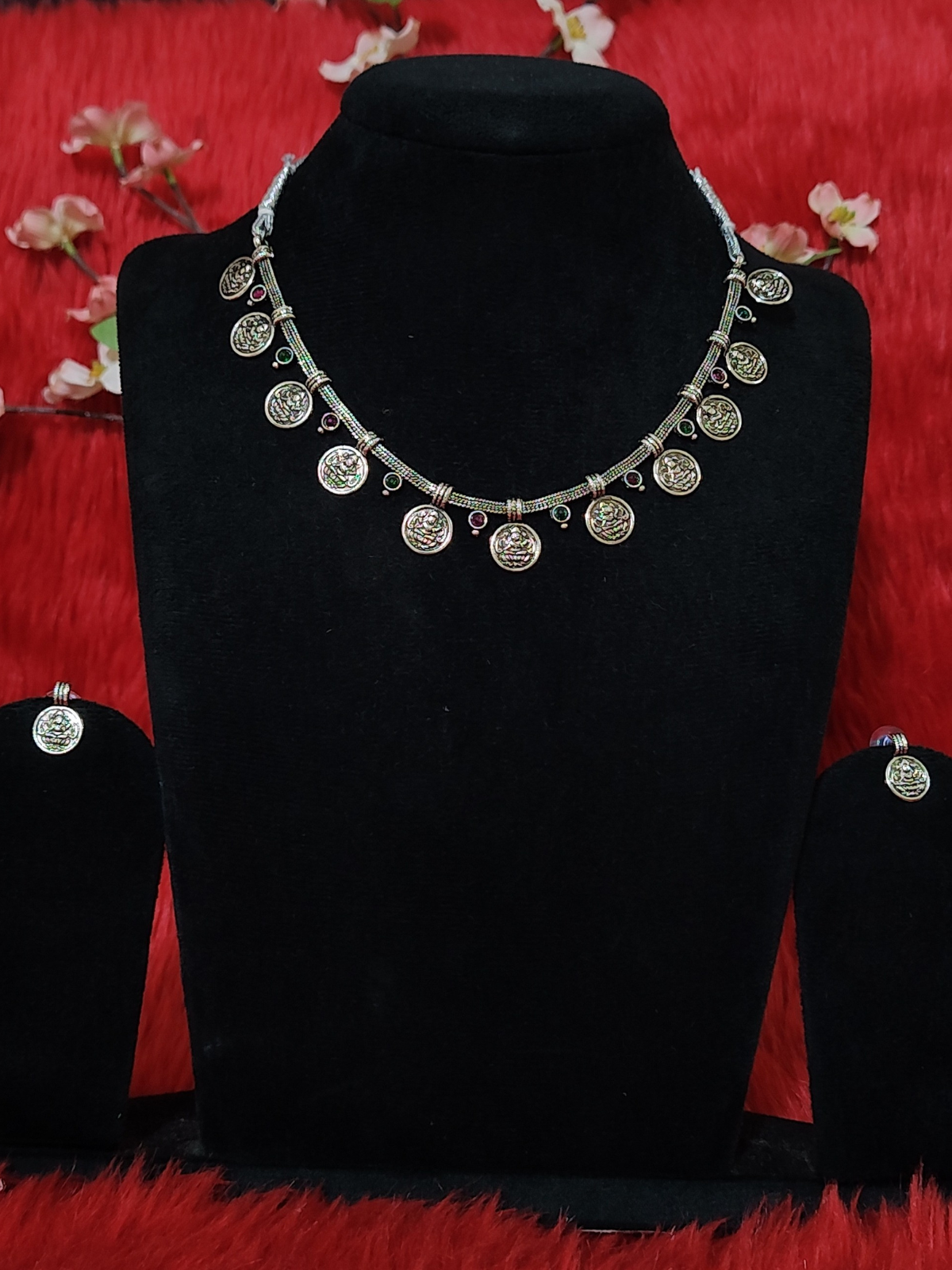 Silver replica coin necklace set with earrings 