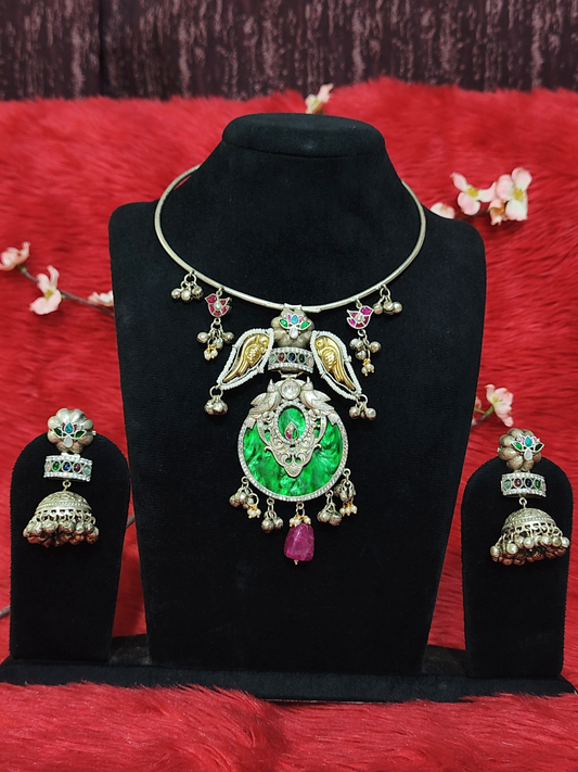 Silver Replica Fusion Necklace Set with Pachi Kundan Work & Jhumkas
