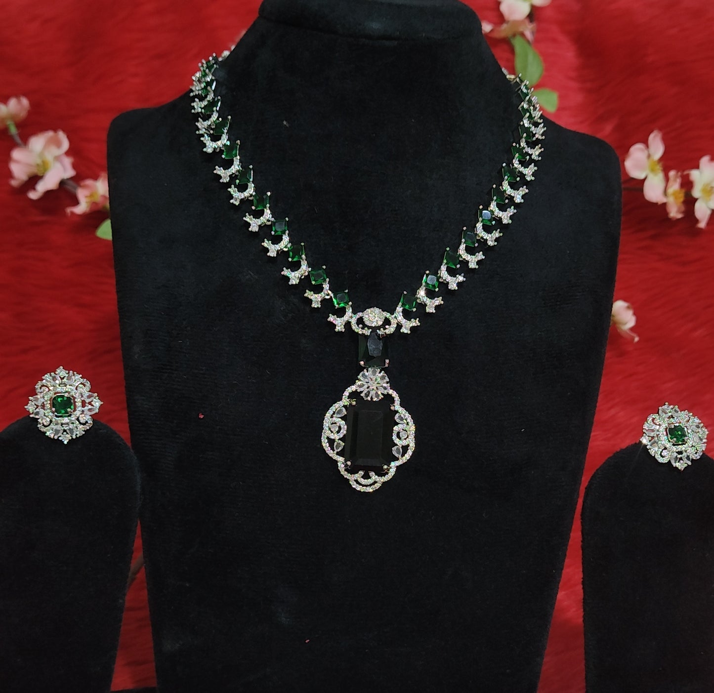 Stunning Black and Emerald Green Necklace Set Surrounded By Sparkling American Diamonds