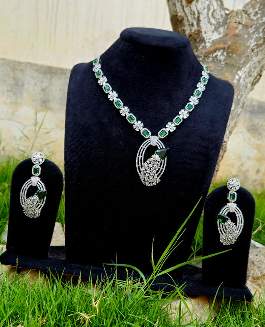 Stunning Green and American Diamond Peacock Necklace Set.