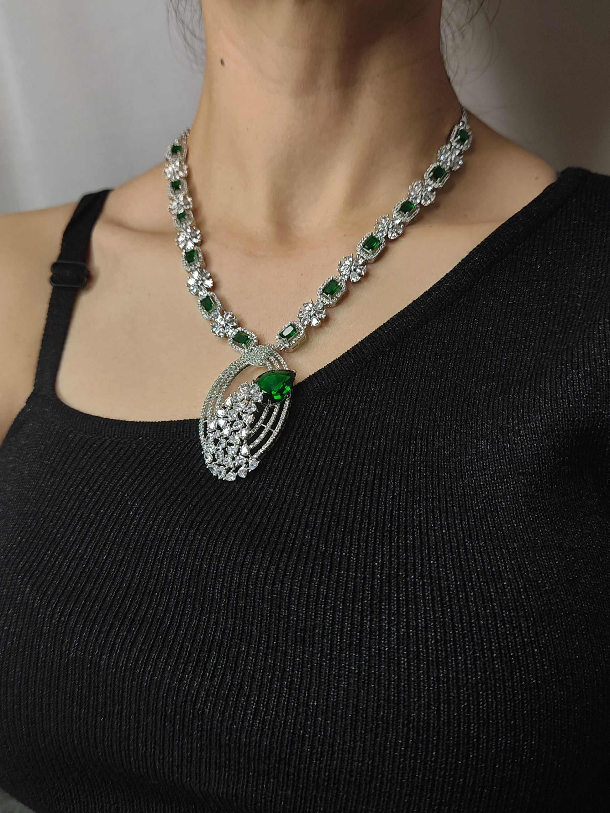 Stunning Green and American Diamond Peacock Necklace Set.