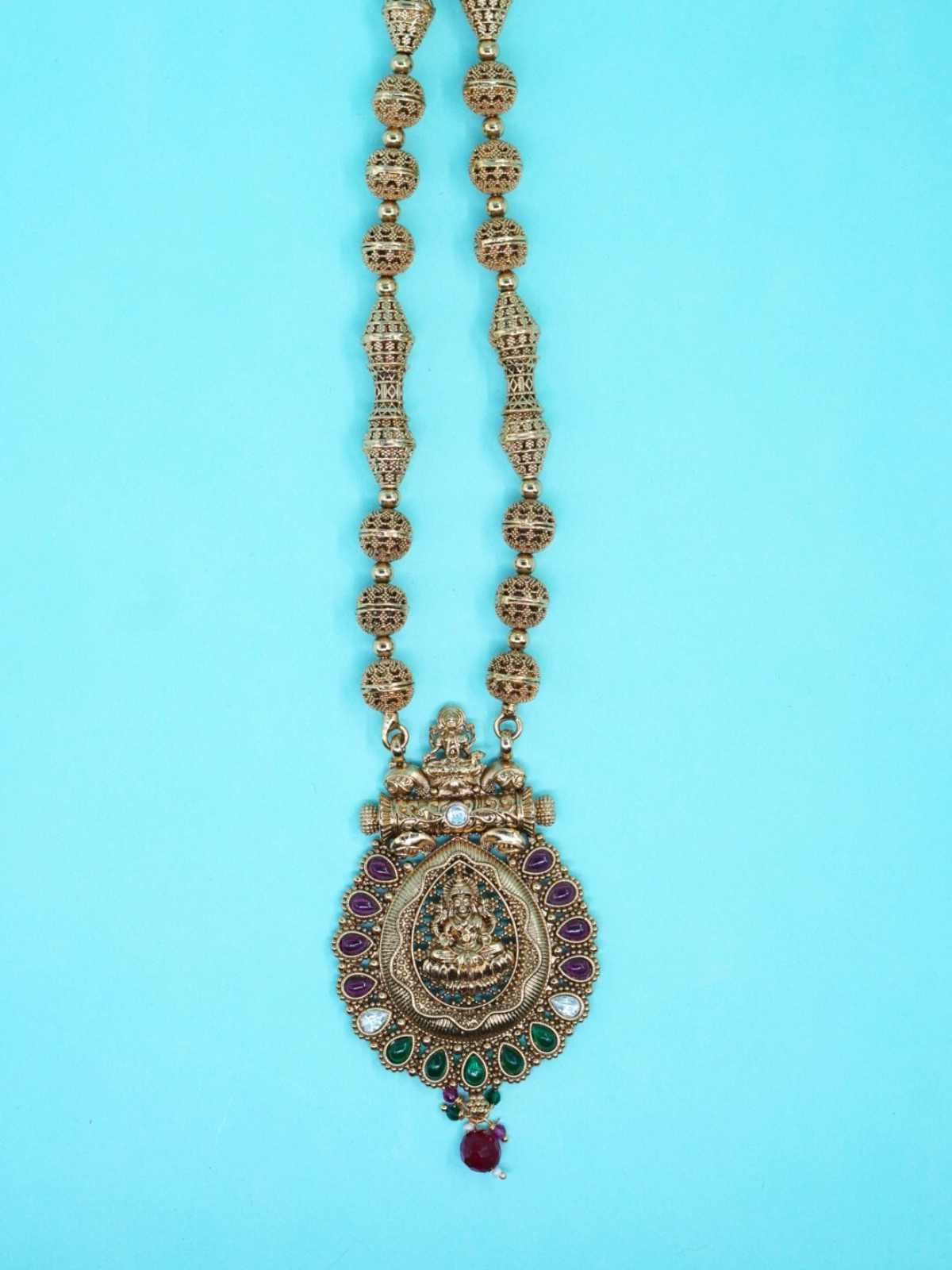 Temple jewelry ball chain necklace set with Lakshmi pendant 