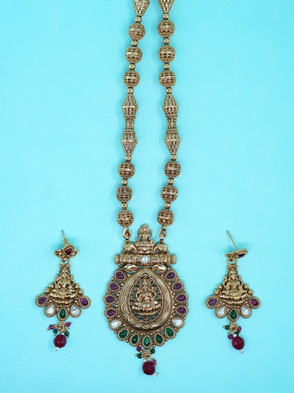 Temple jewelry ball chain necklace set with Lakshmi pendant and matching earrings top view