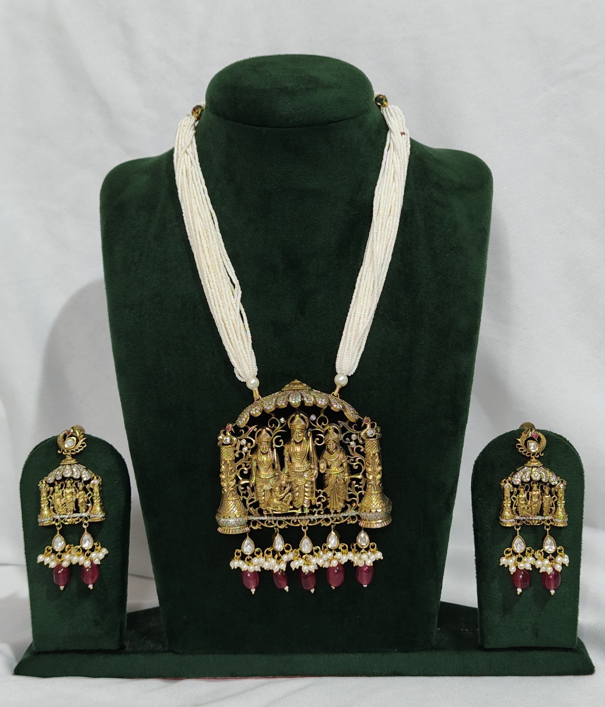 Temple jewelry necklace set with Ram Darbar pendant and pearl beads