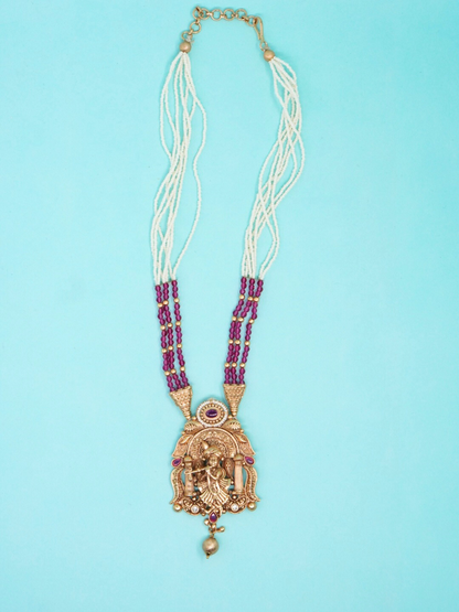 Temple necklace set with white and maroon beads, Krishna pendant top view