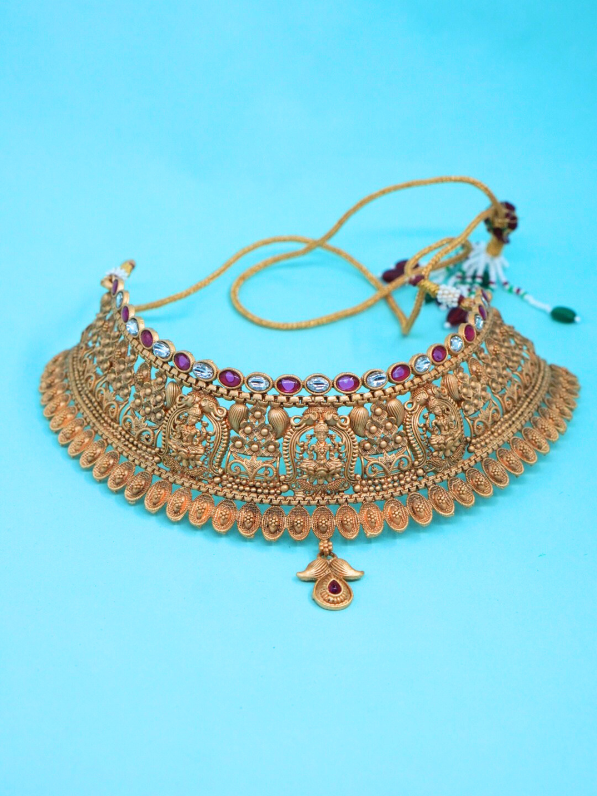 Traditional Copper Lakshmi Choker Necklace Set Close View
