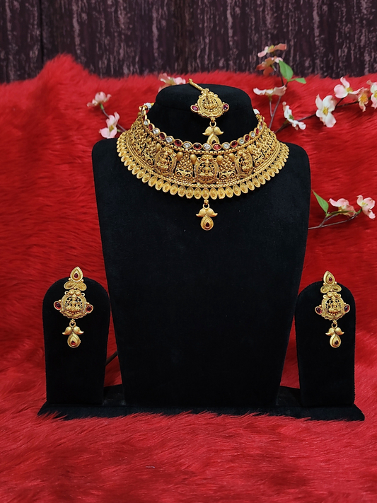 Traditional Copper Lakshmi Choker Necklace Set On Dummy