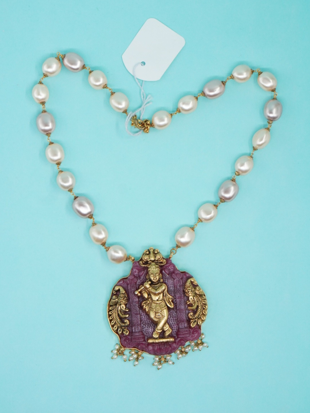 Traditional Krishna Pendant Pearl Necklace – Copper Base top view