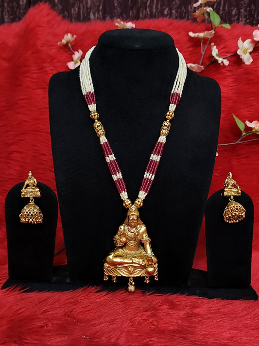 Traditional Shiva pendant red white beads long necklace set with jhumka earrings on dummy