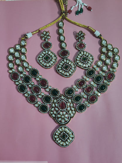 Triple-Layer Mutlti-Color Kundan Bridal Necklace Set with Earrings & Maang Tikka