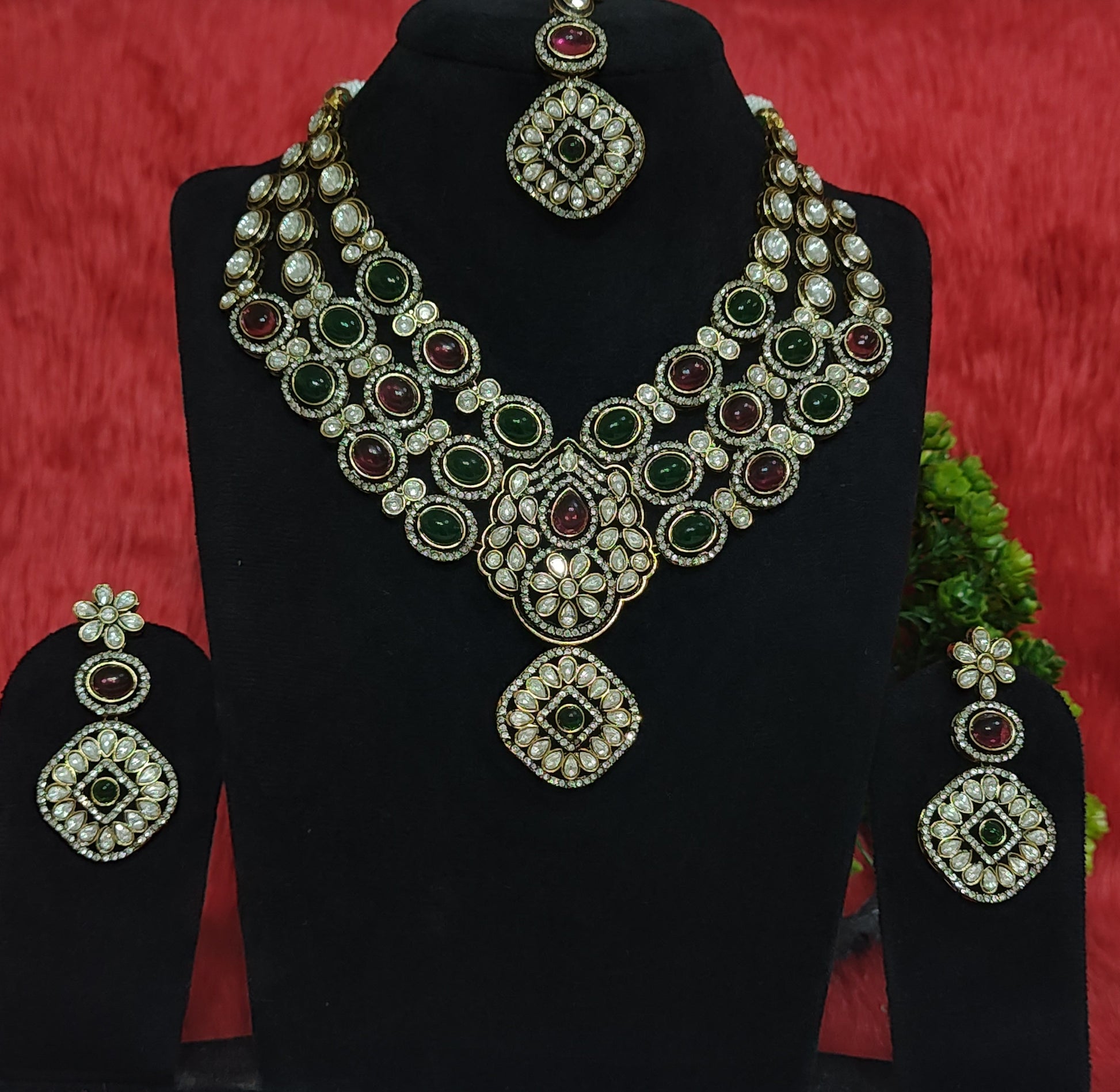 Triple-Layer Mutlti-Color Kundan Bridal Necklace Set with Earrings & Maang Tikka