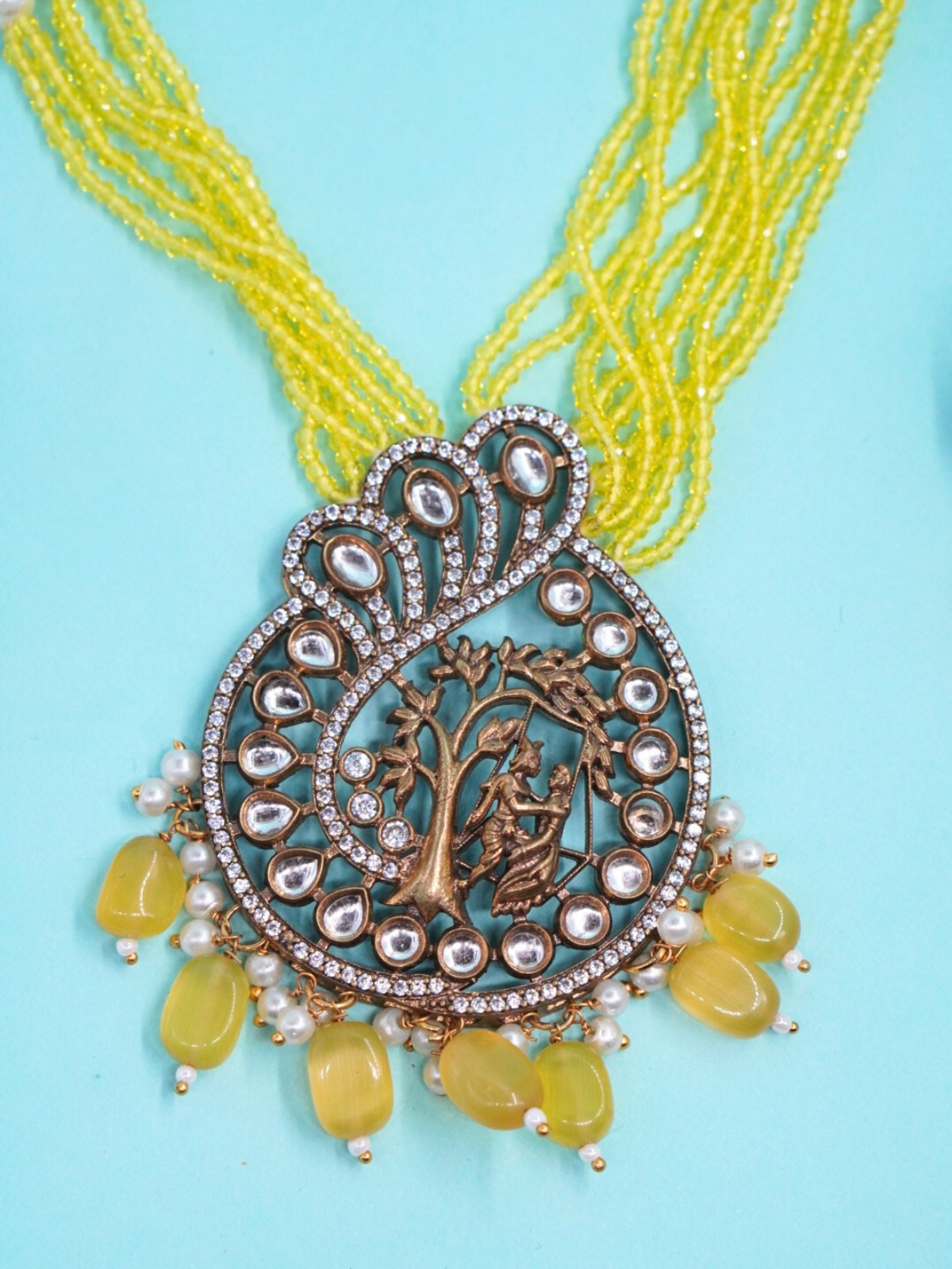 Victorian Temple Necklace Set with Kundan Stones & Yellow Beads