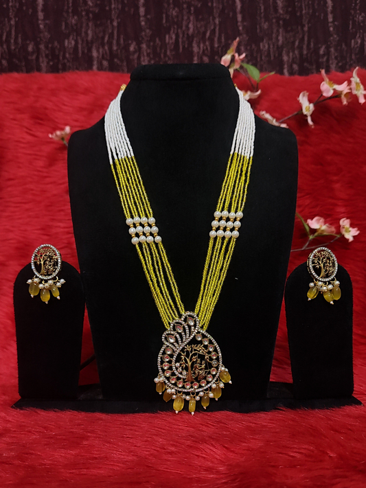 Victorian Temple Necklace Set with Kundan Stones & Yellow Beads | Royal Necklace with Earrings on dummy