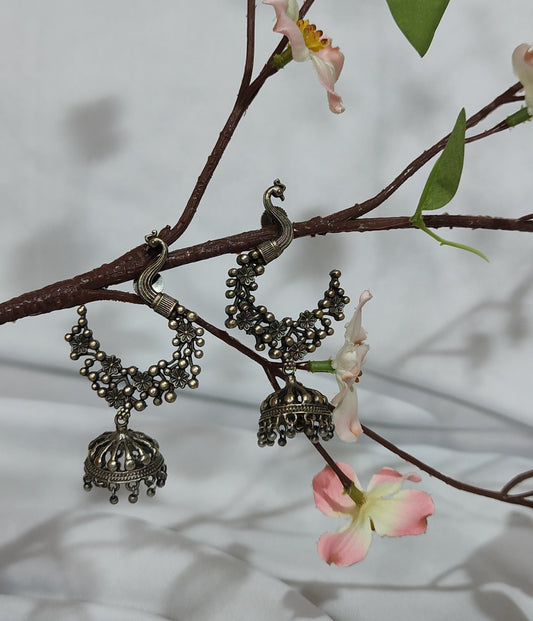 Antique Silver Peacock Jhumka Earrings