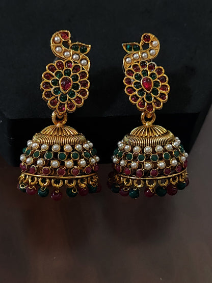 Beautifully Detailed Peacock Design Jhumka Earrings with Pearls & Colorful Beads