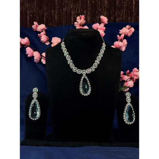 Aqua Blue American Diamond Necklace Set with Drop Earrings