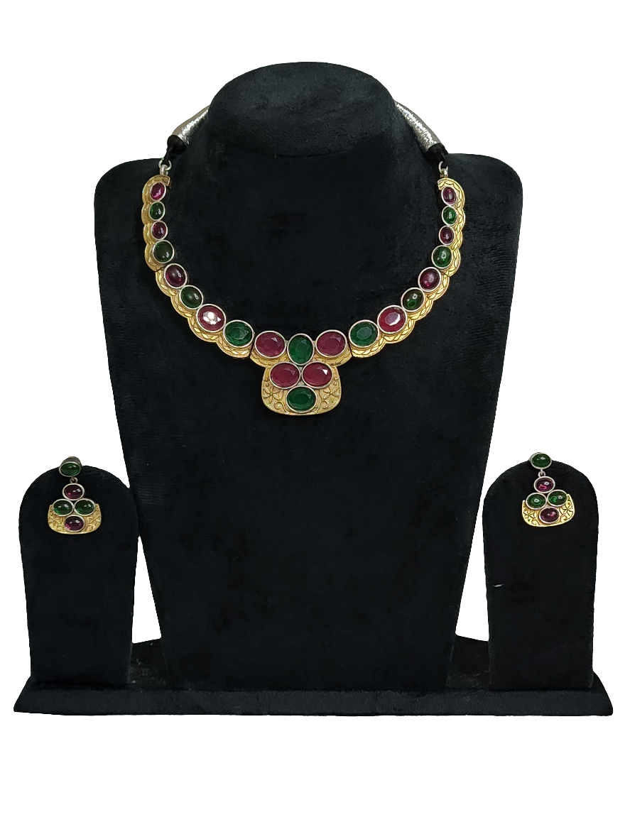 Traditional Green and Red Gemstone Necklace Set – Silver Replica
