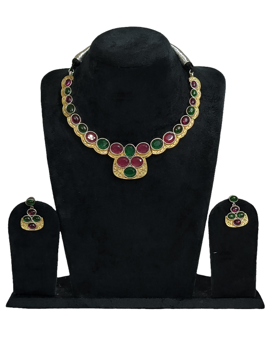 Traditional Green and Red Gemstone Necklace Set – Silver Replica