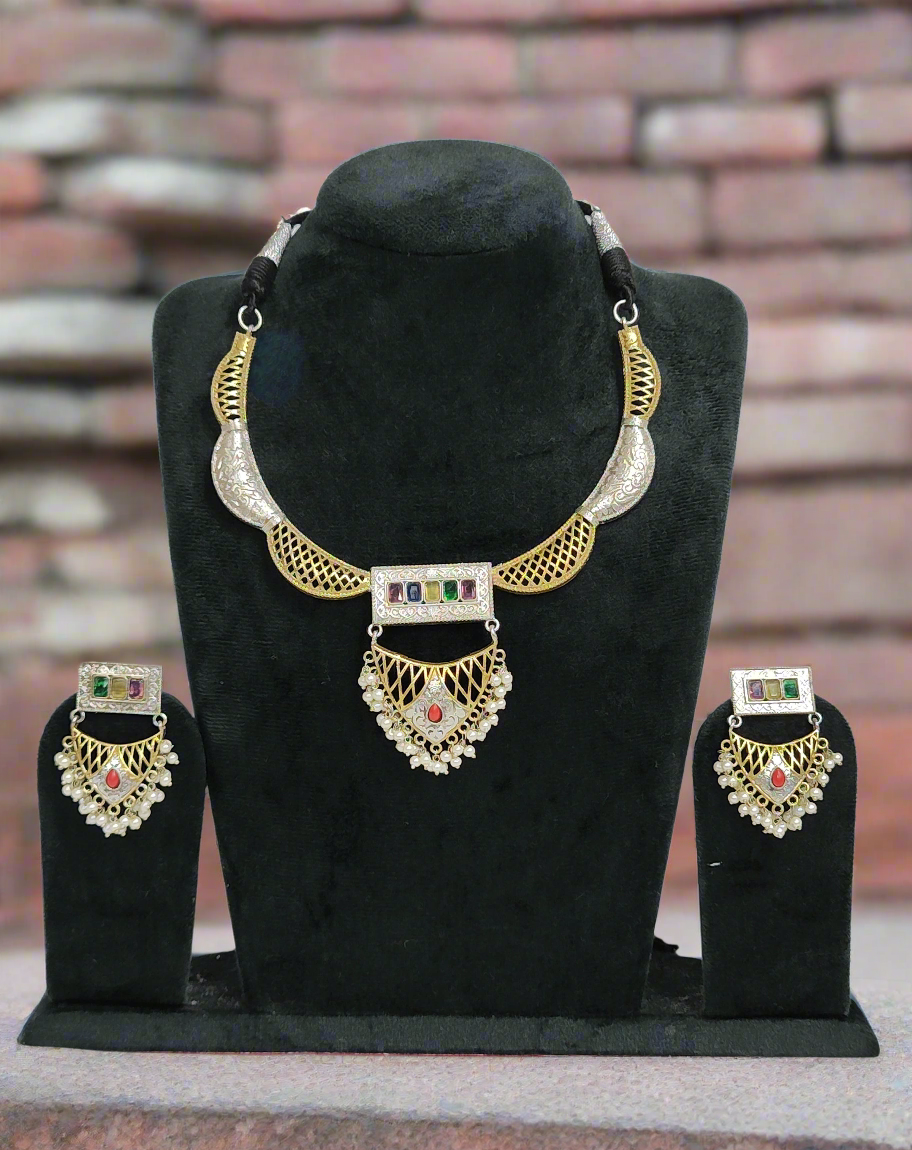 Traditional Silver Replica Necklace Set with Multi-Color Gemstones