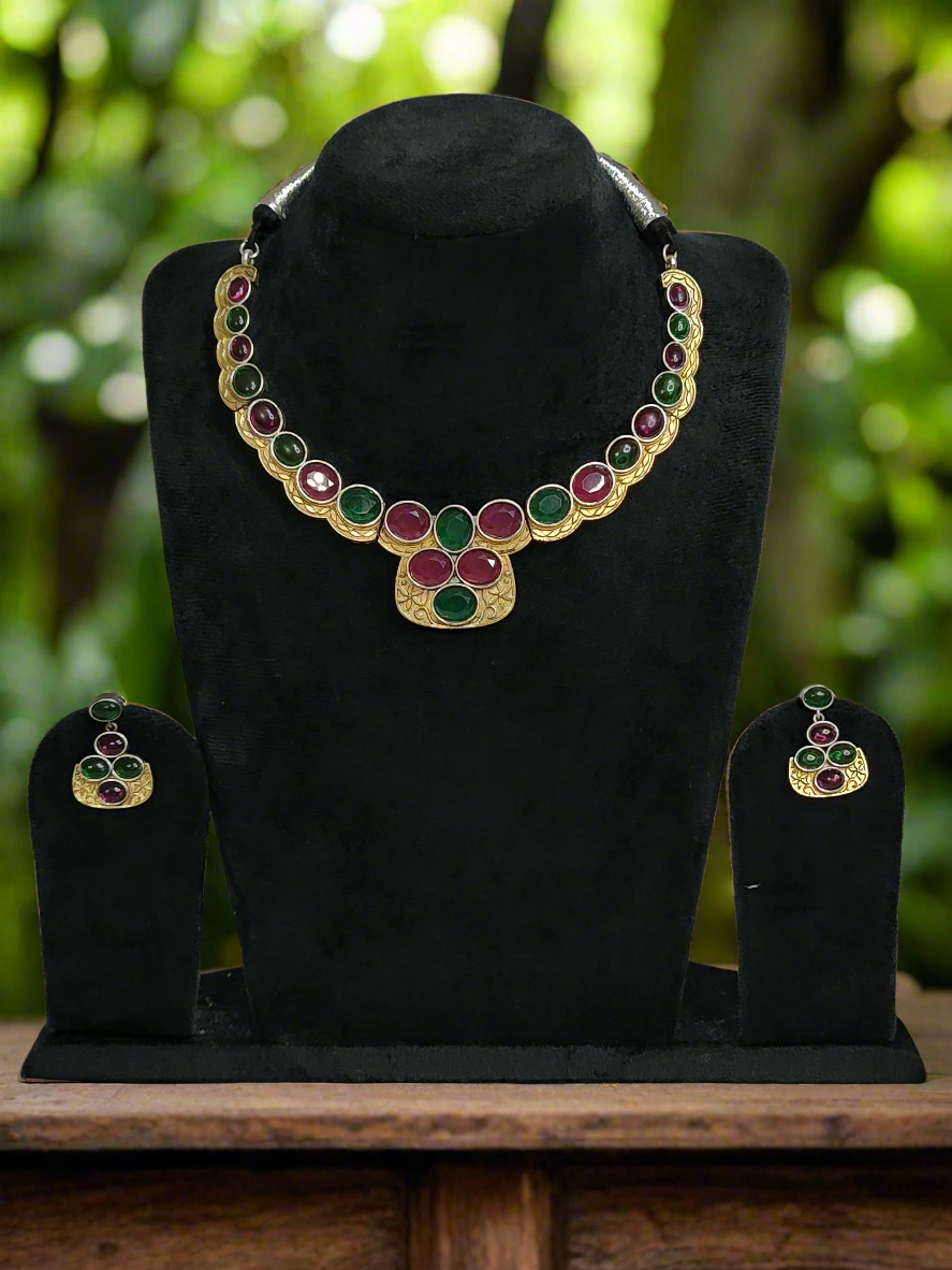 Traditional Green and Red Gemstone Necklace Set – Silver Replica