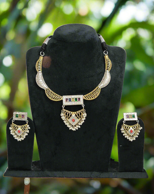 Traditional Silver Replica Necklace Set with Multi-Color Gemstones