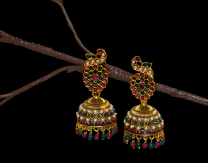 Beautifully Detailed Peacock Design Jhumka Earrings with Pearls & Colorful Beads
