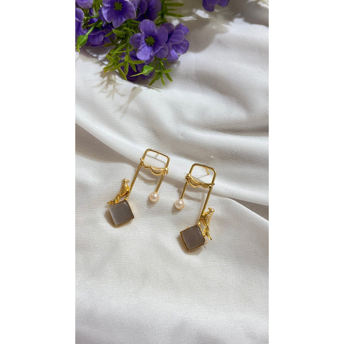 Bird Motif Brass Statement Earrings with Pearl Drops