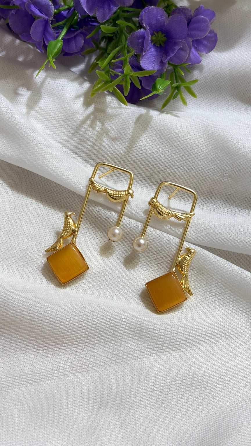 Amber brass bird and artificial pearl statement earrings original view