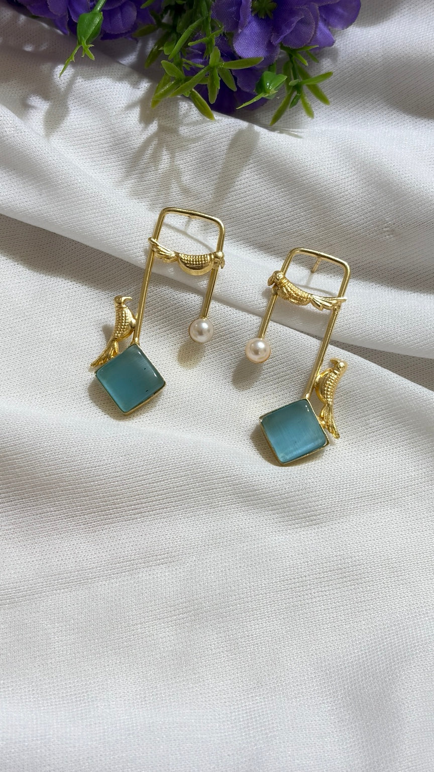 Aqua Blue brass bird and artificial pearl statement earrings original view