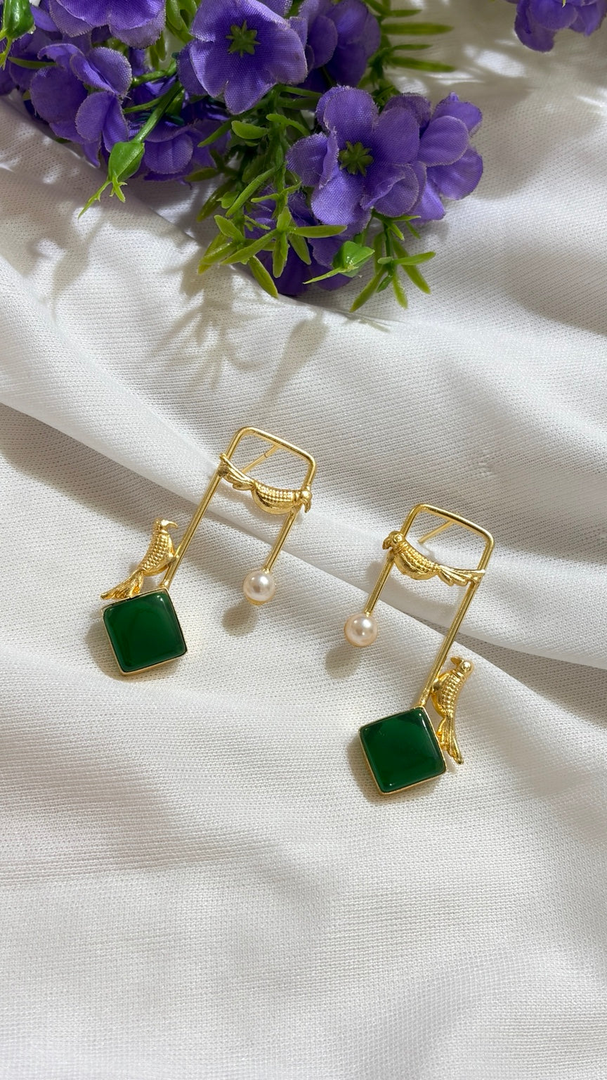 Emerald Green brass bird and artificial pearl statement earrings original view