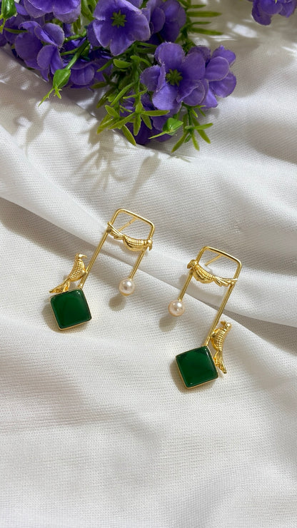 Emerald Green brass bird and artificial pearl statement earrings original view