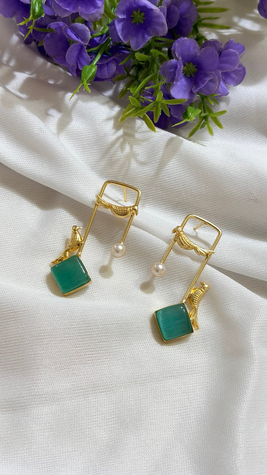 Mint Green brass bird and artificial pearl statement earrings original view