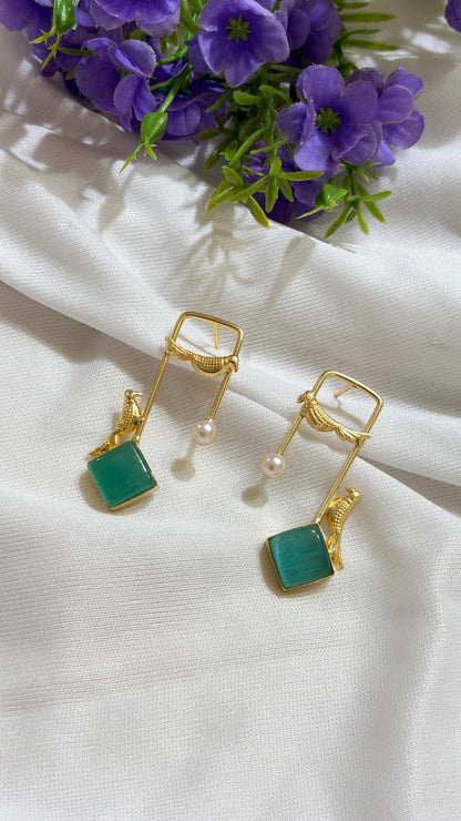 Mint Green brass bird and artificial pearl statement earrings original view