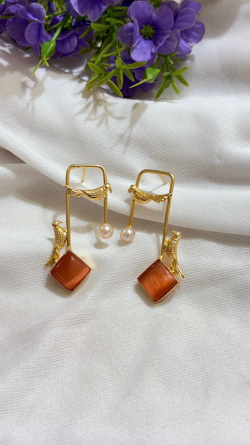 Rust Orange brass bird and artificial pearl statement earrings original view