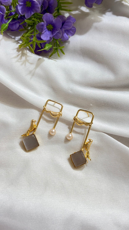 Smoky Grey brass bird and artificial pearl statement earrings original view