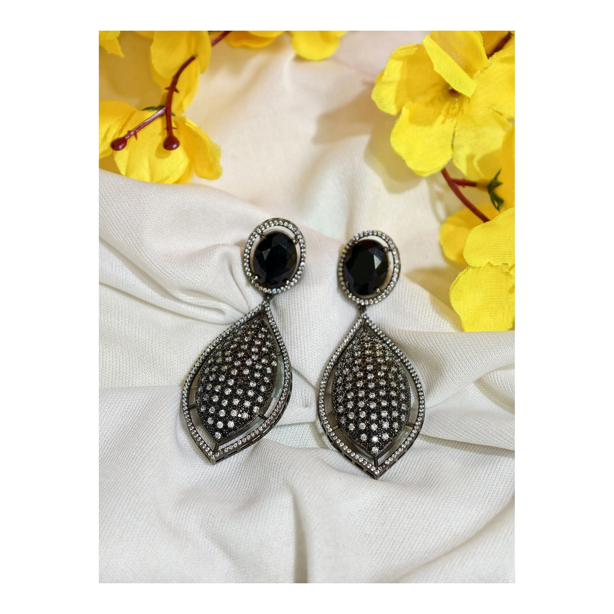 Black Nano Setting AD Teardrop Statement Earrings