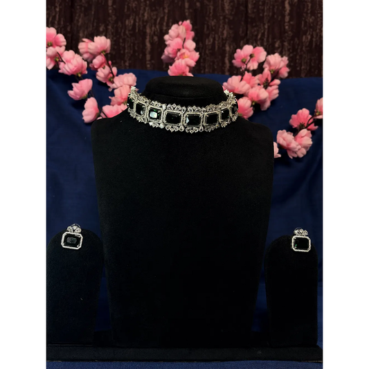 Black & White American Diamond Emerald Cut Choker Necklace Set with Stud Earrings