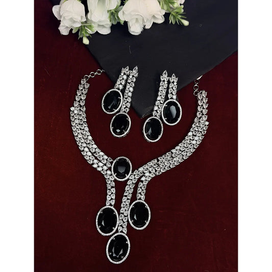 Black & White American Diamond Oval Drop Necklace Set with Earrings