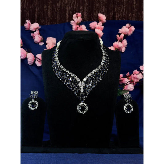Blue & White American Diamond Floral Drop Necklace Set