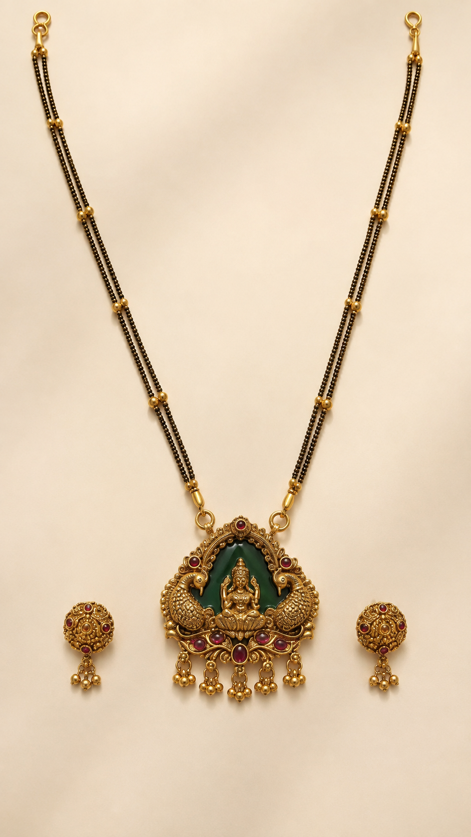 Brass double-line Lakshmi peacock necklace set on ivory background
