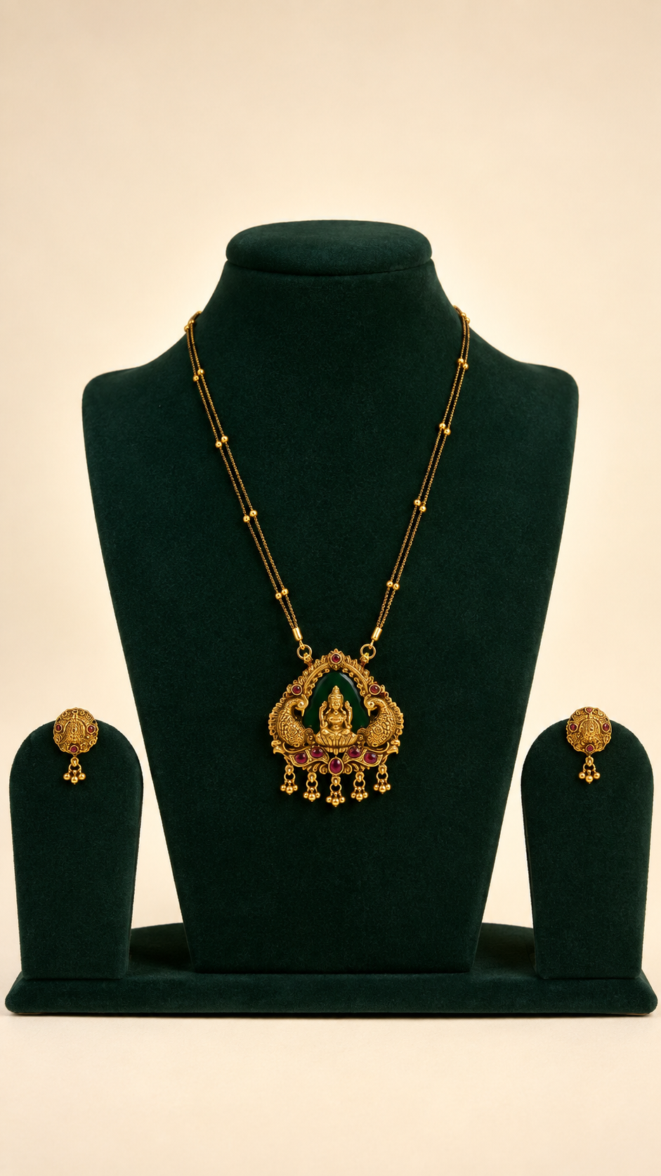 Brass double-line Muttar Mala long necklace with Lakshmi peacock pendant and earrings
