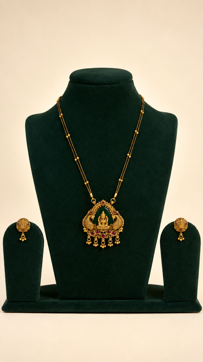 Brass double-line Muttar Mala long necklace with Lakshmi peacock pendant and earrings
