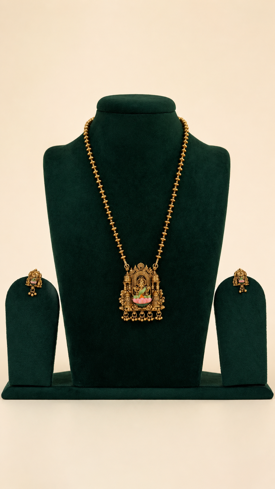 Brass Muttar Mala long necklace set with Lakshmi pendant and matching earrings