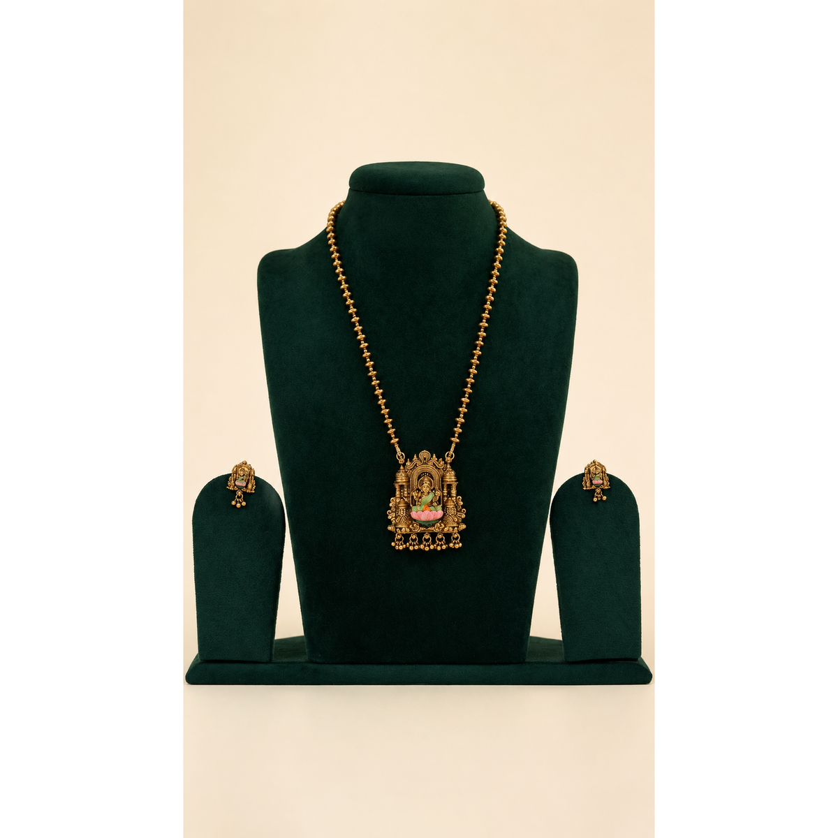 Brass Muttar Mala Long Necklace Set with Lakshmi Pendant