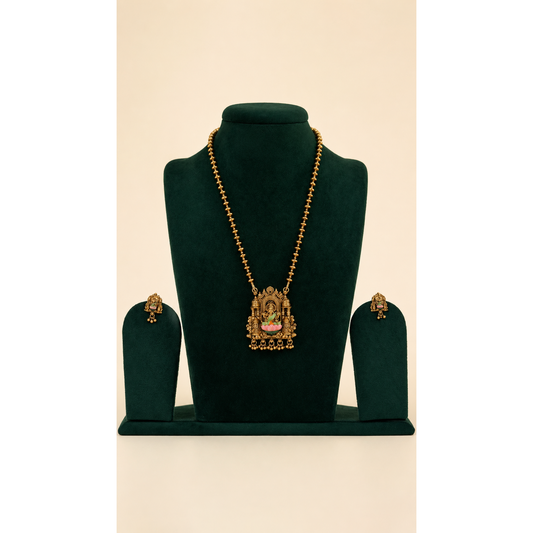 Brass Muttar Mala Long Necklace Set with Lakshmi Pendant