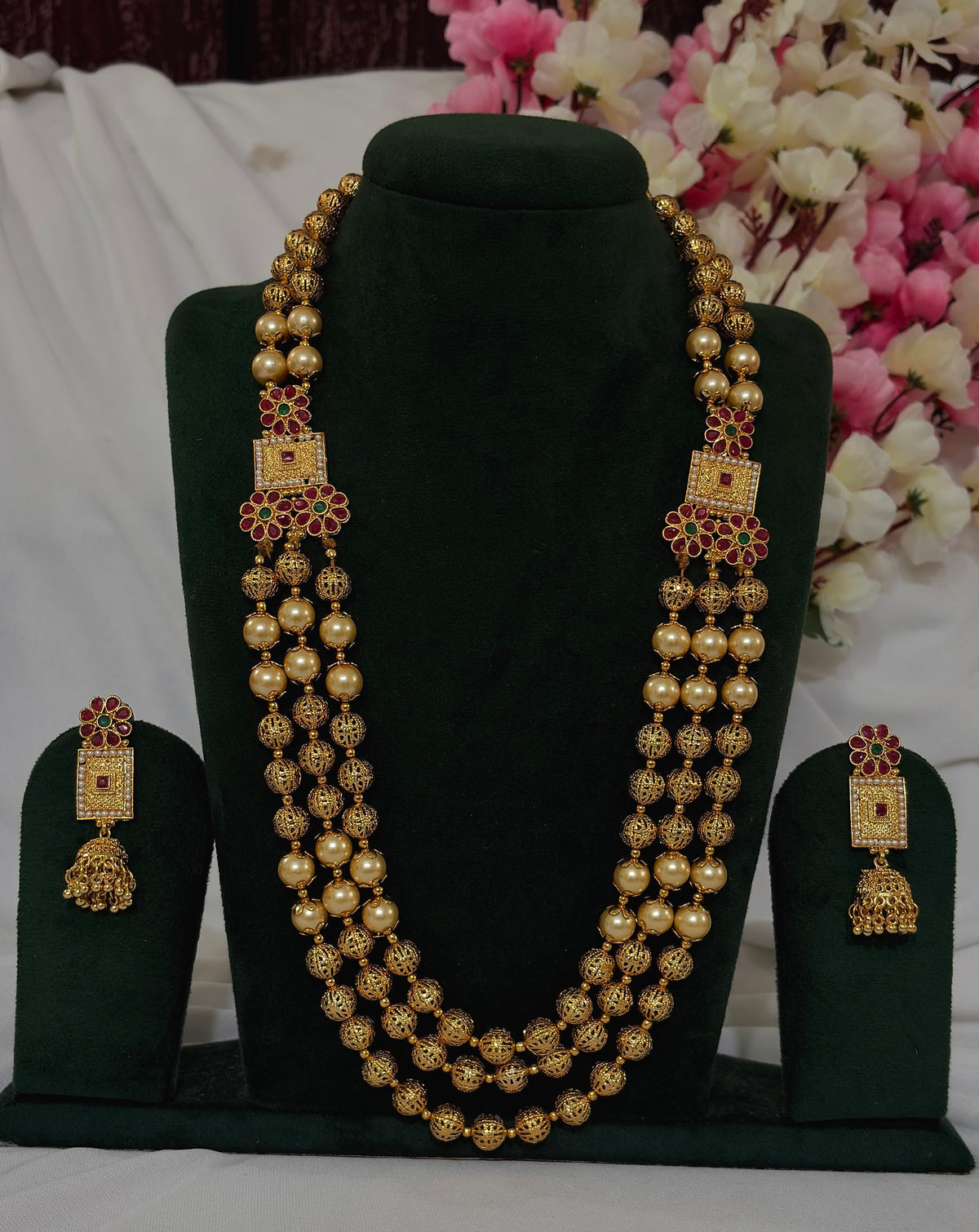 Copper-finish multi-strand Matar Mala necklace set with matching jhumka-style earrings