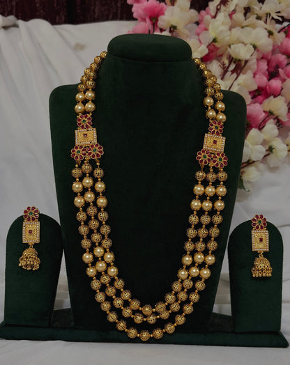 Copper-finish multi-strand Matar Mala necklace set with matching jhumka-style earrings